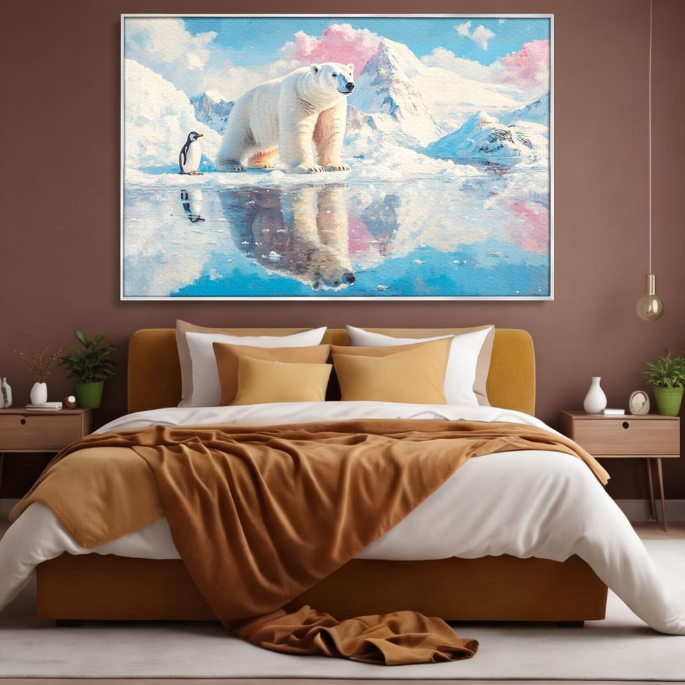 Tablou canvas cu tablou cu urs polar si pinguin pe ghetar, in rama de aluminiu argintiu, pe perete intr-un dormitor